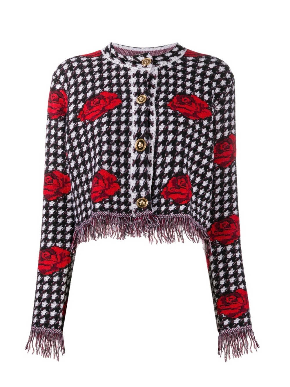 Versace Black & Red Houndstooth Rose Fringe Cardigan